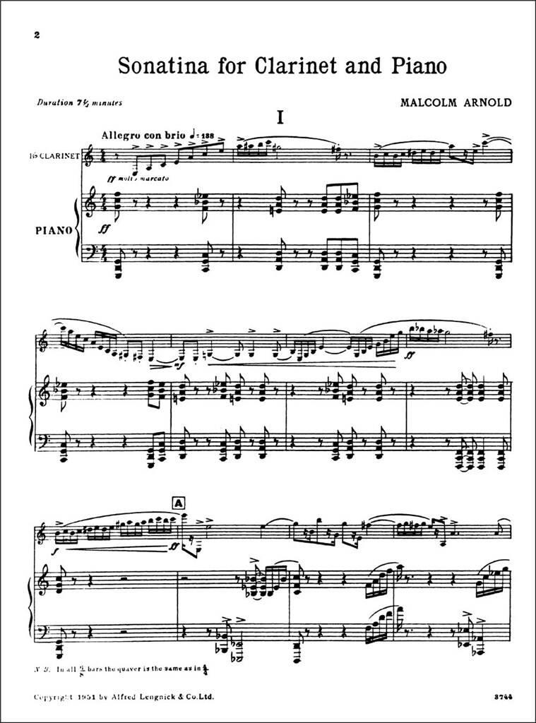 Malcolm Arnold: Sonatina for Clarinet and Piano Opus 29: Klarinette mit Begleitung
