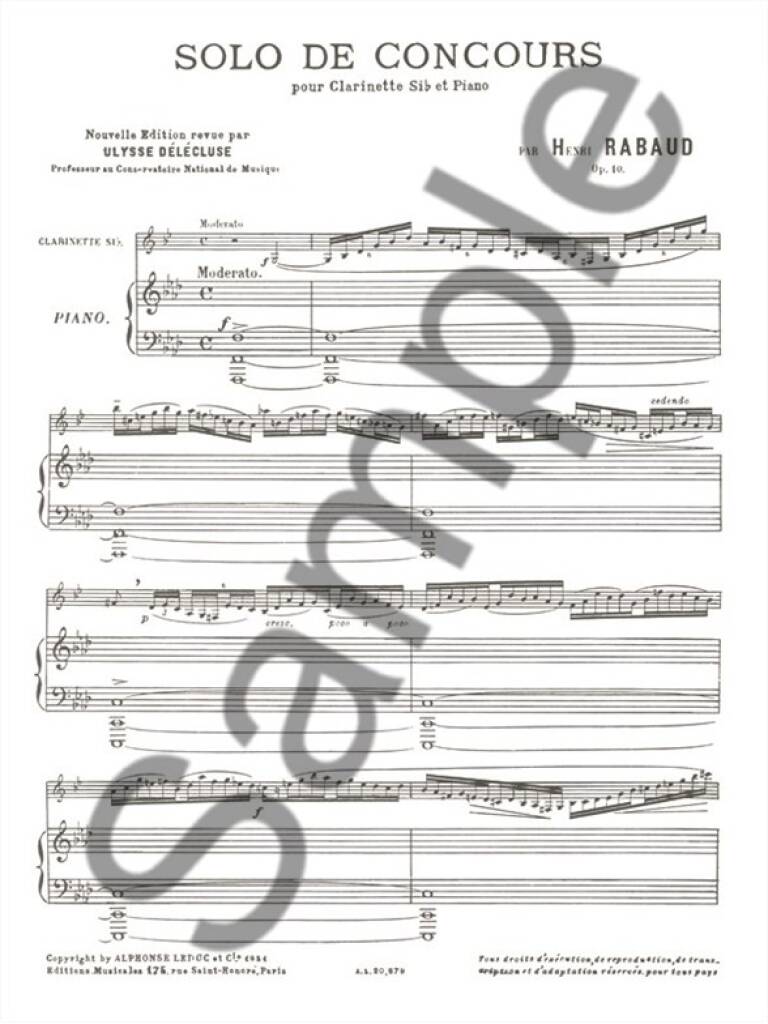 Henri Rabaud: Solo De Concours pour clarinette et piano: Klarinette mit Begleitung