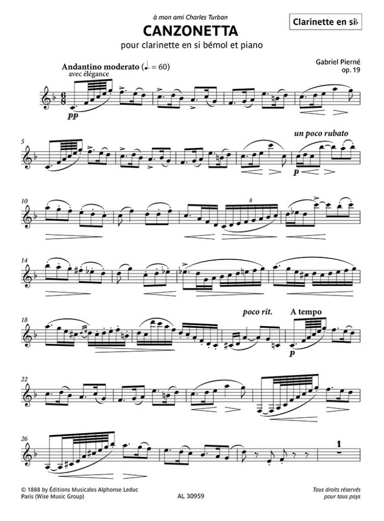 Gabriel Pierné: Canzonetta Opus 19: Klarinette mit Begleitung
