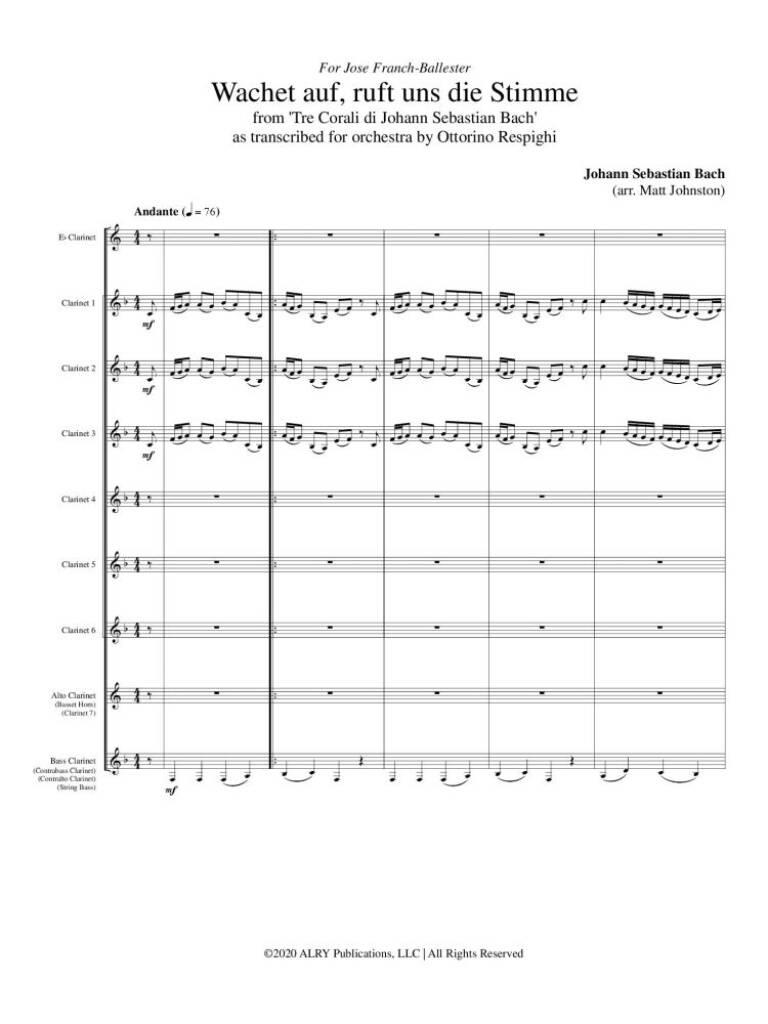 Johann Sebastian Bach: Wachet auf, ruft uns die Stimme: (Arr. Matt Johnston): Klarinette Ensemble