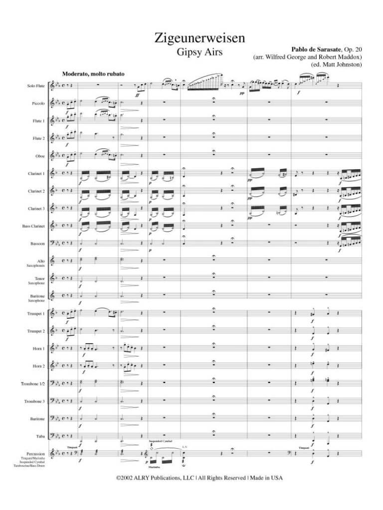 Pablo de Sarasate: Zigeunerweisen for Solo Flute and Concert Band: (Arr. Robert Maddox): Blasorchester mit Solo