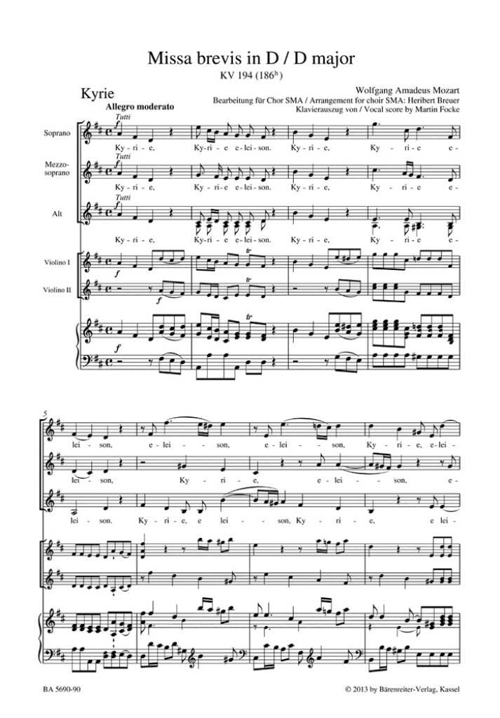 Wolfgang Amadeus Mozart: Missa brevis in D major: (Arr. Heribert Breuer): Gemischter Chor mit Ensemble