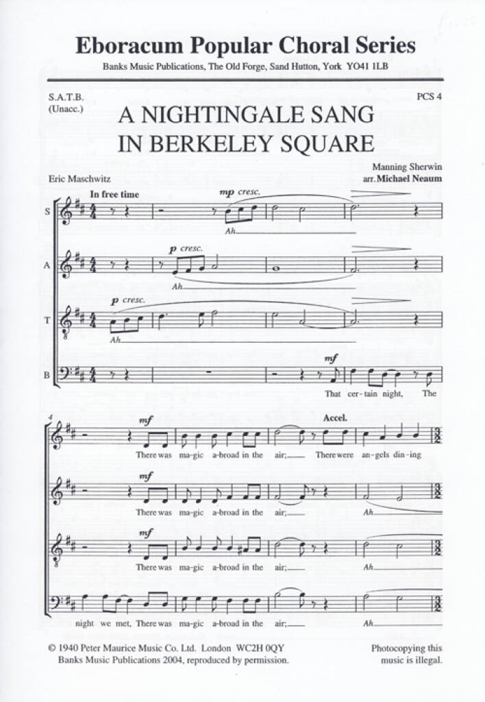 A Nightingale Sang In Berkeley Square: (Arr. Manning Sherwin): Gemischter Chor mit Begleitung