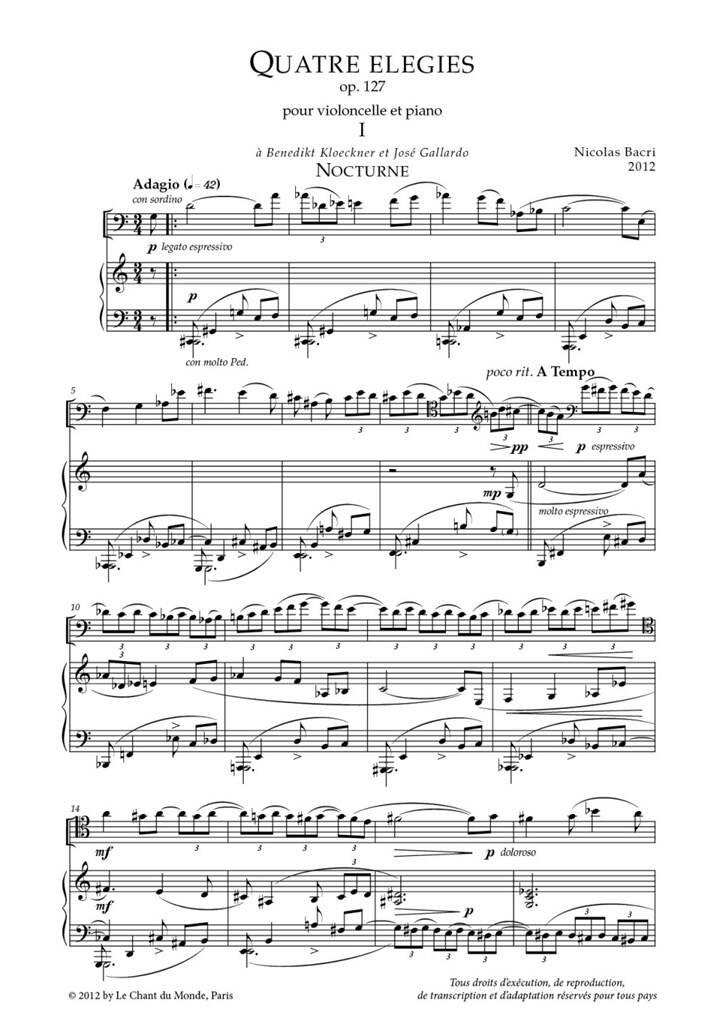 Nicolas Bacri: Quatre élégies, op.127: Cello mit Begleitung