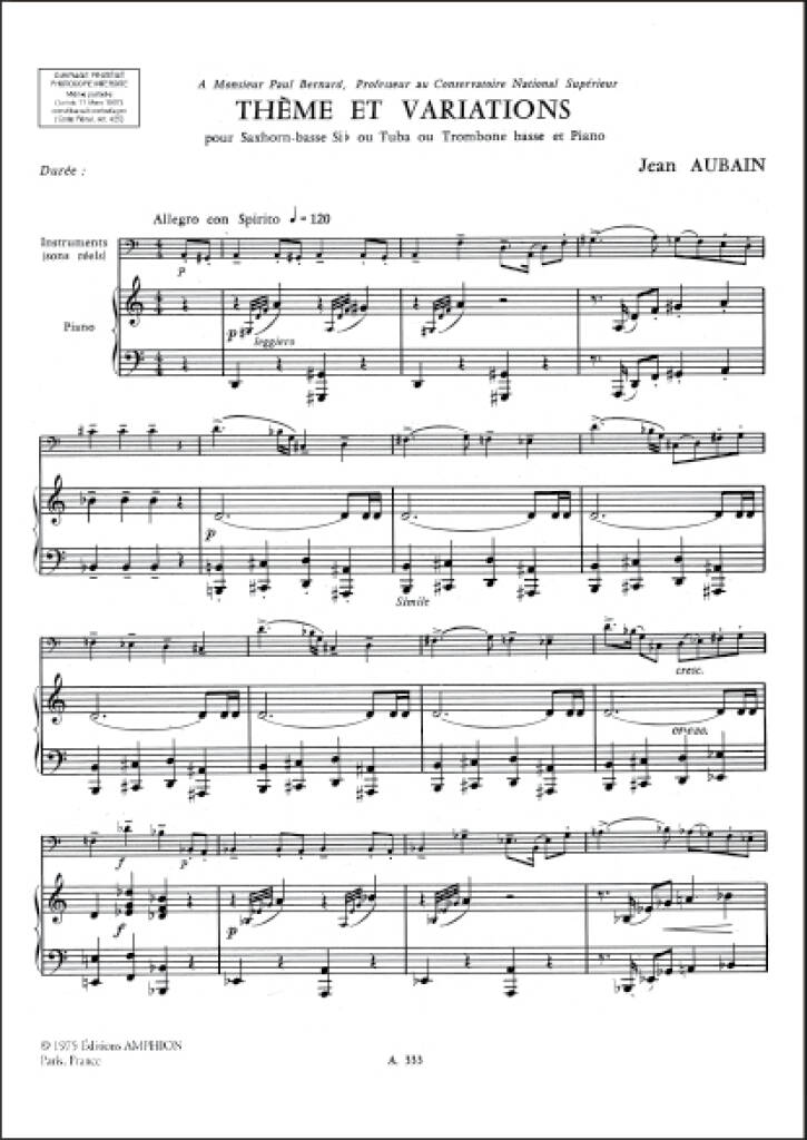Jean Aubain: Theme et Variations Tuba: Posaune Solo