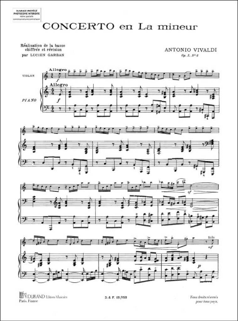 Antonio Vivaldi: Concerto Op 3 N 6 En La Mineur pour Violon-Piano: Violine mit Begleitung