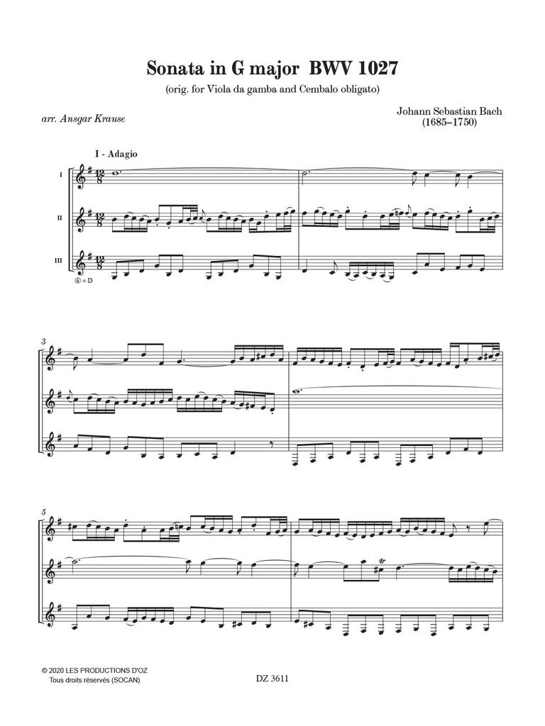 Johann Sebastian Bach: Sonata in G Major BWV 1027: (Arr. Ansgar Krause): Gitarre Trio / Quartett