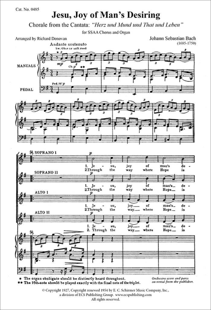 Johann Sebastian Bach: Jesu, Joy of Man's Desiring: Frauenchor mit Klavier/Orgel