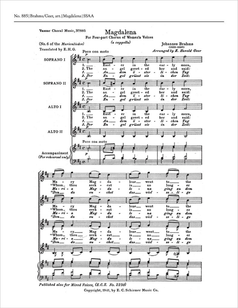 Johannes Brahms: Marienlieder: No. 6 Magdalena: (Arr. E. Harold Geer): Frauenchor A cappella
