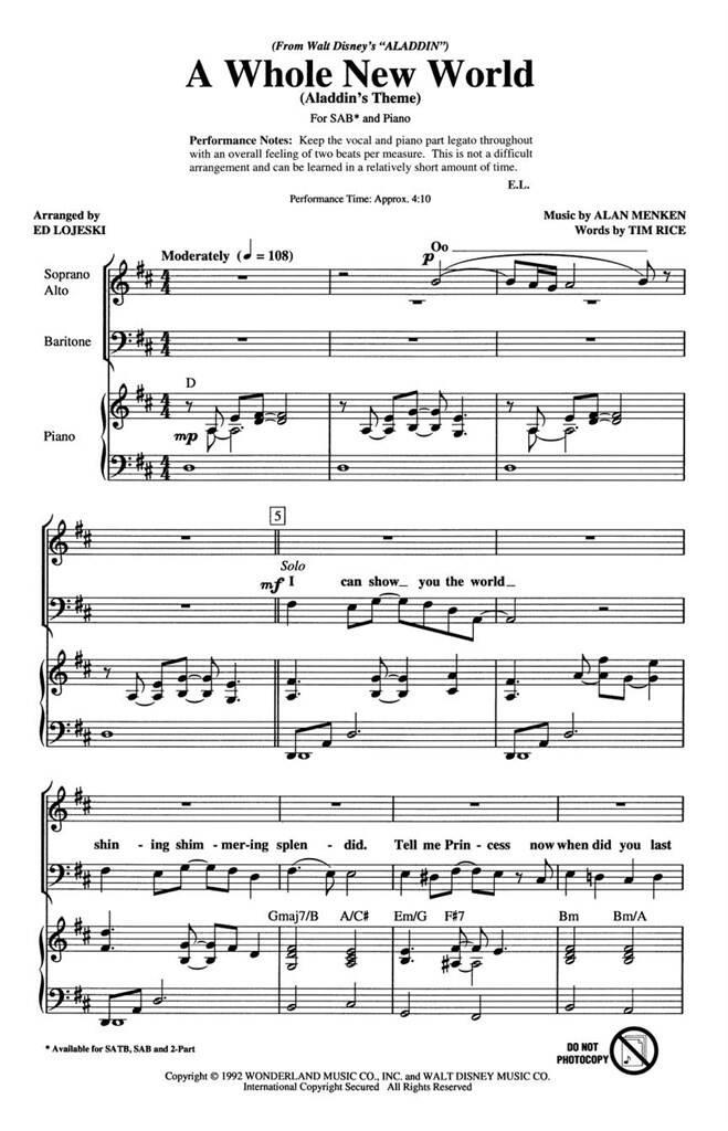 Alan Menken: A Whole New World: (Arr. Ed Lojeski): Gemischter Chor mit Klavier/Orgel