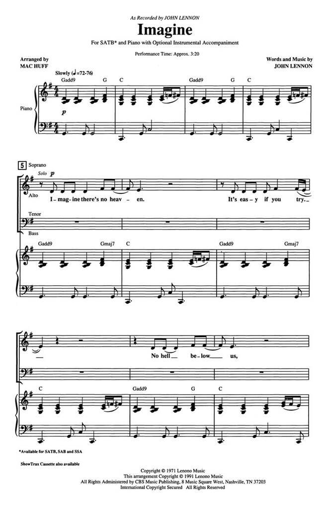 John Lennon: Imagine: (Arr. Mac Huff): Gemischter Chor mit Klavier/Orgel