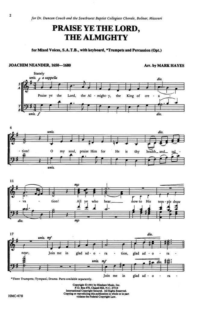 Praise Ye The Lord, The Almighty: (Arr. Mark Hayes): Gemischter Chor mit Klavier/Orgel