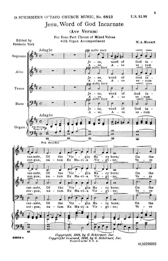 Wolfgang Amadeus Mozart: Jesu Word Of God Incarnate Ave Verum Organ: (Arr. F York): Gemischter Chor mit Begleitung