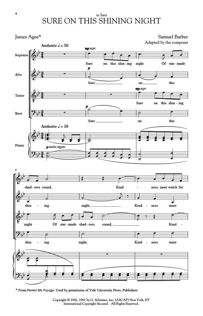 Samuel Barber: Sure on this shining night, Op. 13, No. 3: Gemischter Chor mit Begleitung