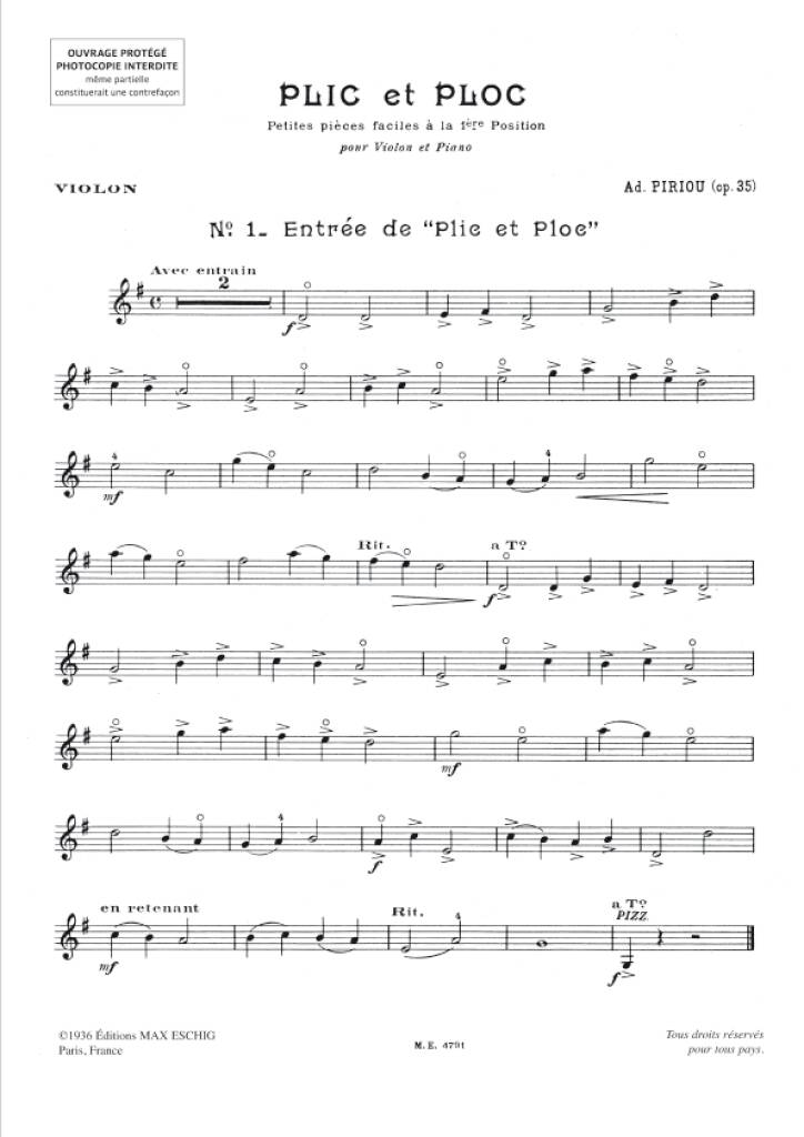Adolphe Piriou: Plic Et Ploc N 1 (Entree-Pieces Faciles 1 Pos): Violine mit Begleitung