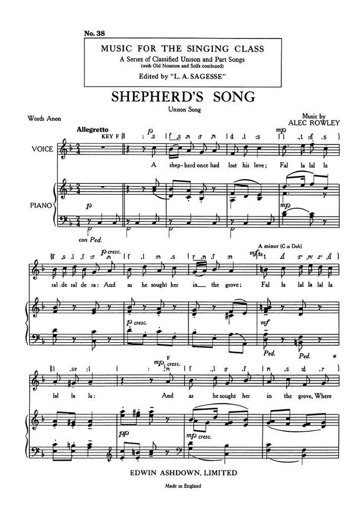 Alec Rowley: Shepherds Song: Gemischter Chor mit Klavier/Orgel