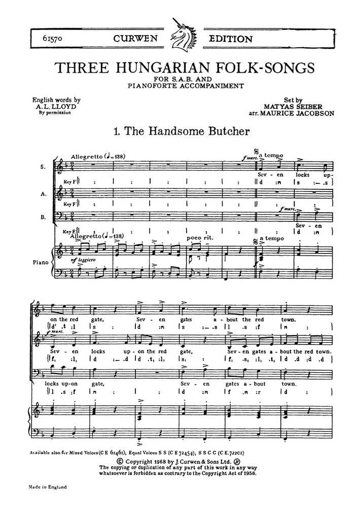Matyas Seiber: Three Hungarian Folk-Songs: (Arr. Maurice Jacobson): Gemischter Chor mit Klavier/Orgel