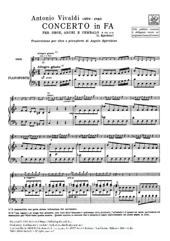 Antonio Vivaldi: Concerto per Oboe, Archi e BC: in Fa Rv 455: Oboe mit Begleitung