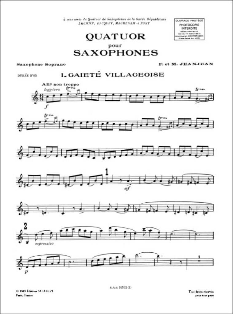 F. Jeanjean: Quatuor Pour Saxophones Partition Et Parties: Saxophon Ensemble