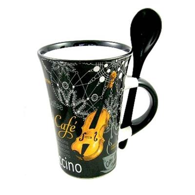 Cappuccino Mug With Spoon - Violin (Black)