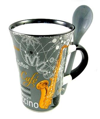 Cappuccino Mug With Spoon - Saxophone (Grey)
