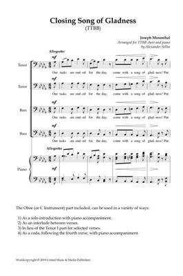 Joseph Mosenthal: Closing Song of Gladness for TTBB and Piano: (Arr. Alexander Sellin): Männerchor mit Klavier/Orgel